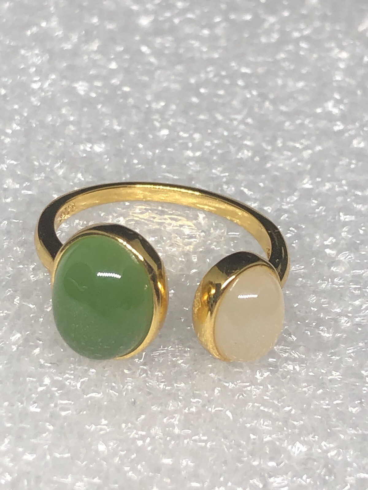 Adjustable Open Ring Gold Tone Hetian Green Pink Cabochon Bezel Fashion