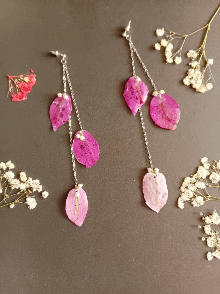 Real Bougainvillea Pink Leaf Necklace Earrings Set Handmade Resin Jewelry Gift