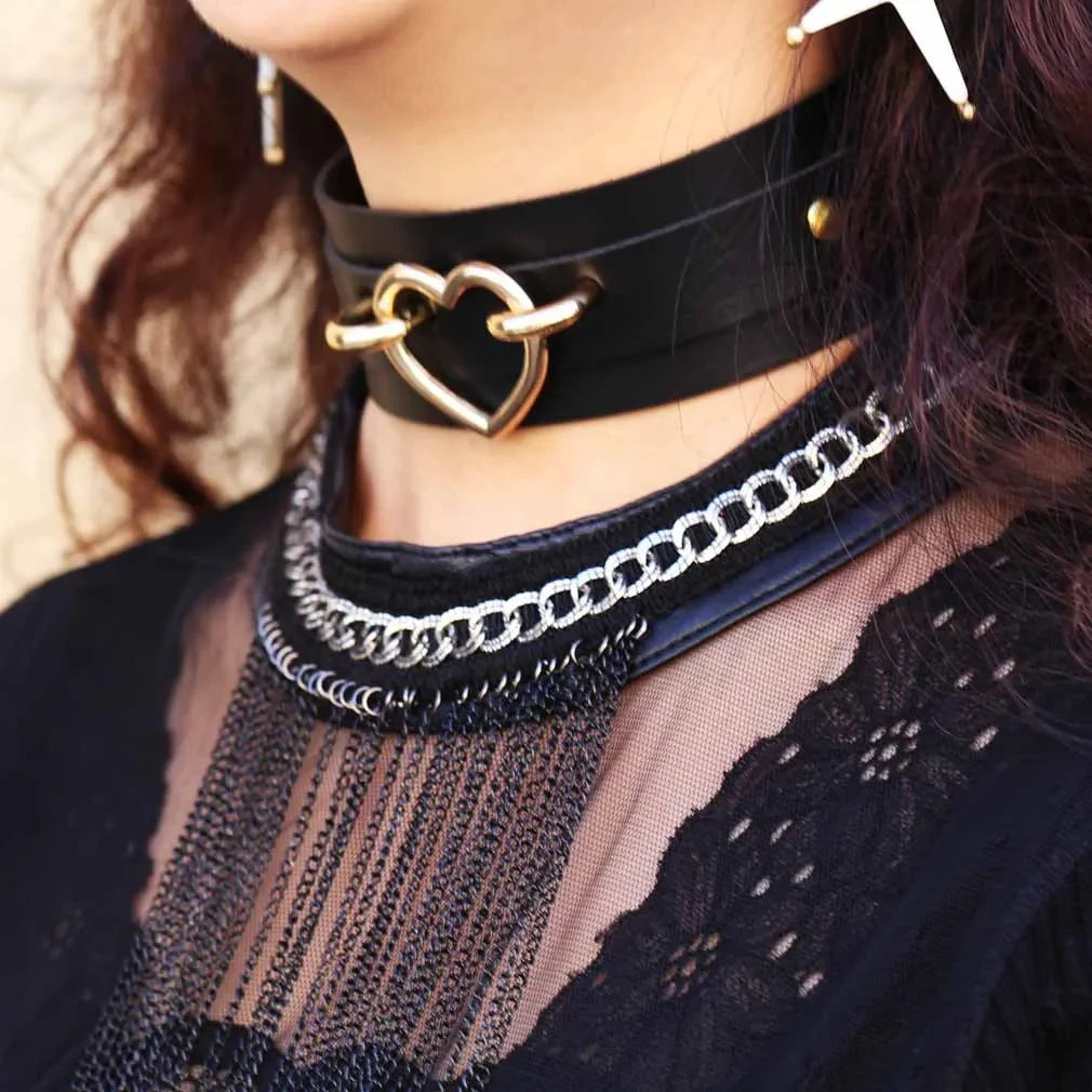 Sub PU Leather Collar Gold Heart -Soft Harajuku, Punk, Gothic, BDSM Lifestyle