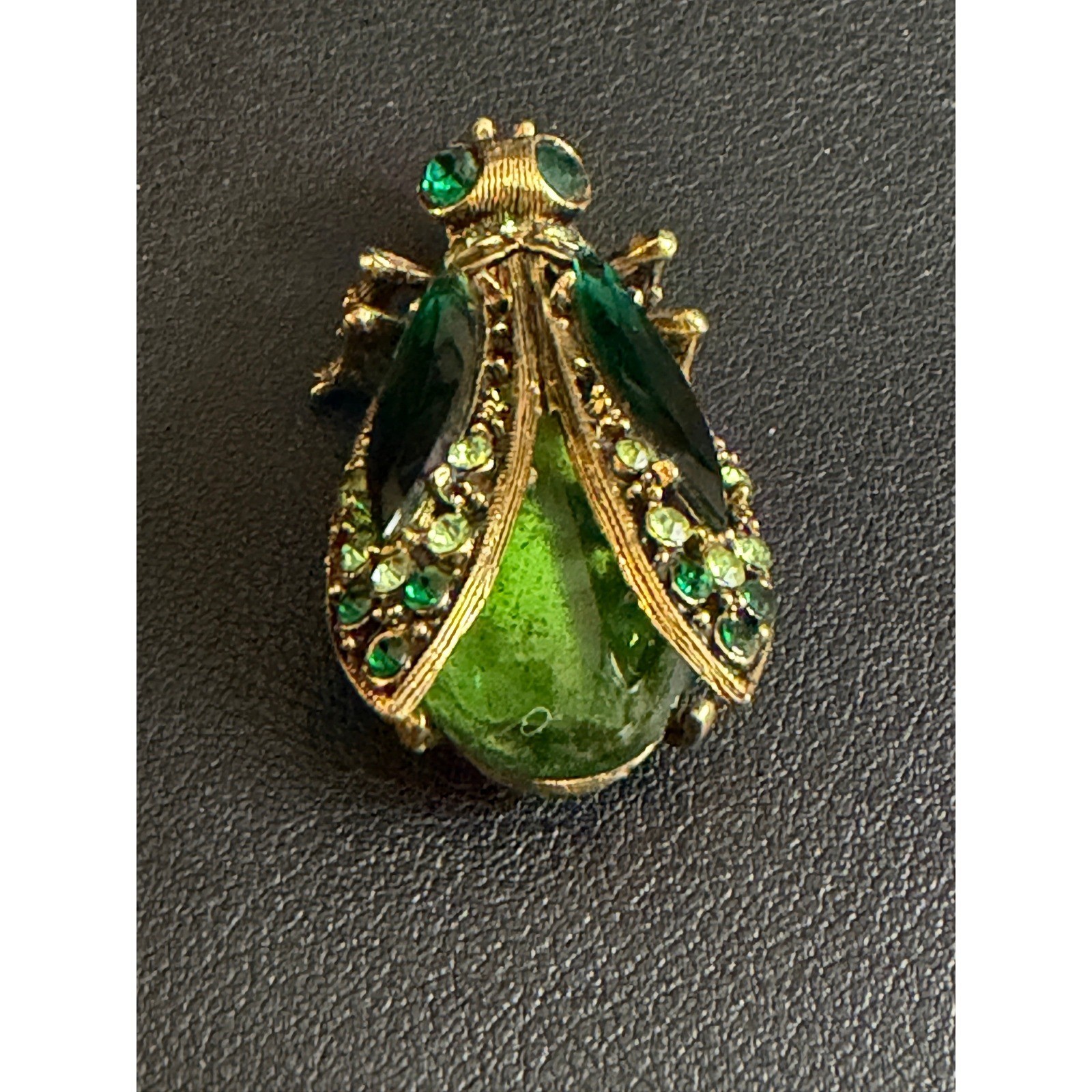 Vintage ART Insect Brooch Arthur Pepper Green Jelly Belly Rhinestone Gold Tone
