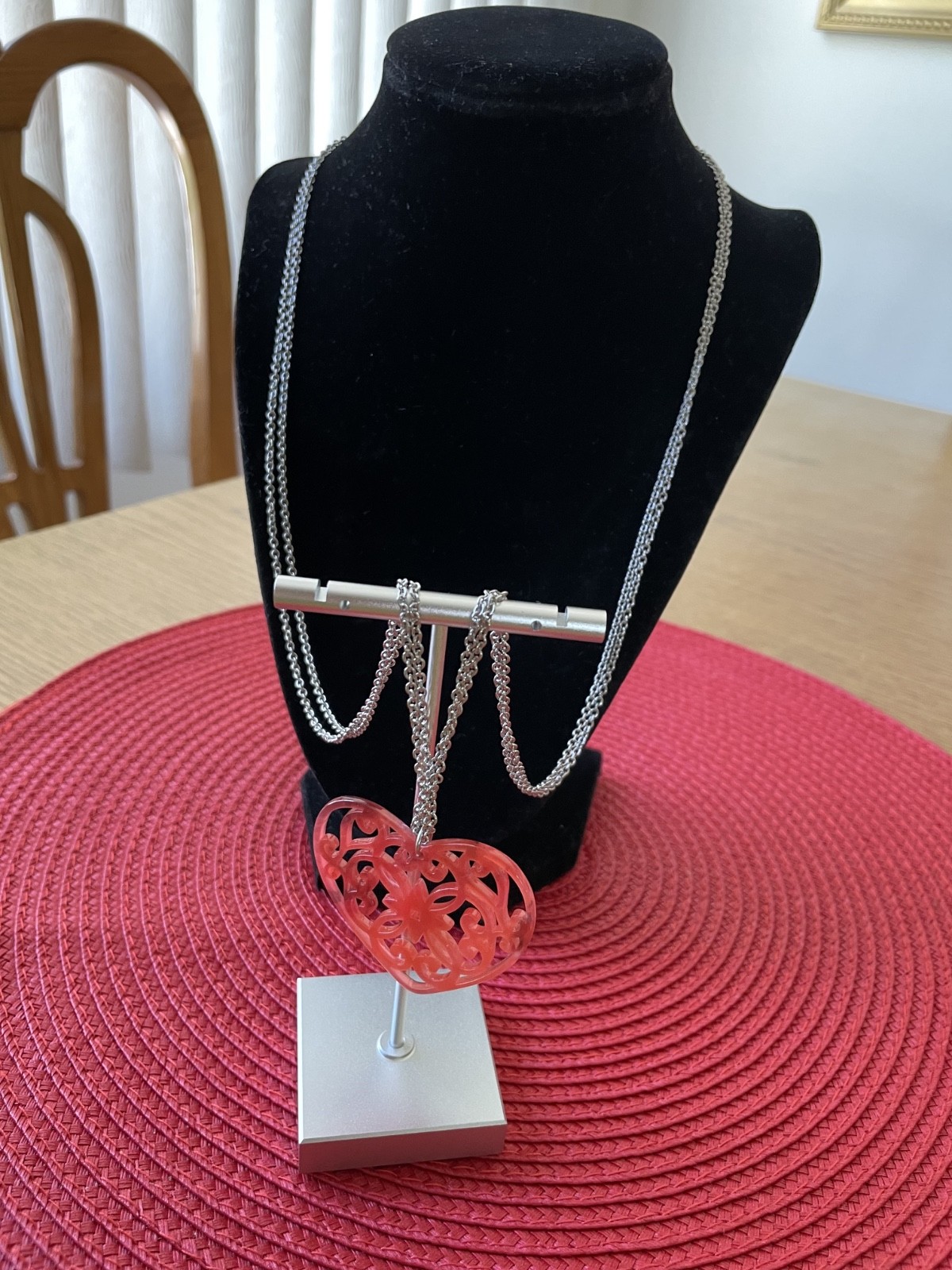 C1946 Acrylic Filigree Heart Pendant on Silvertone 32-34″ Chain Necklace