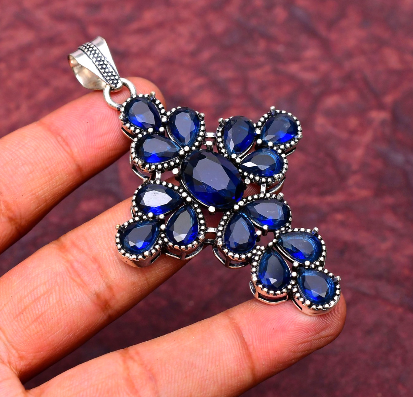 Blue Sapphire Gemstone 925 sterling silver Handmade Cross Pendant jewelry 2.75″