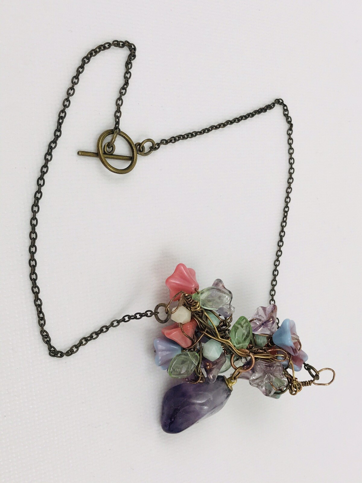 Amethyst Cluster Stone Drop Wire Wrap Necklace Glass Flower 18.5″