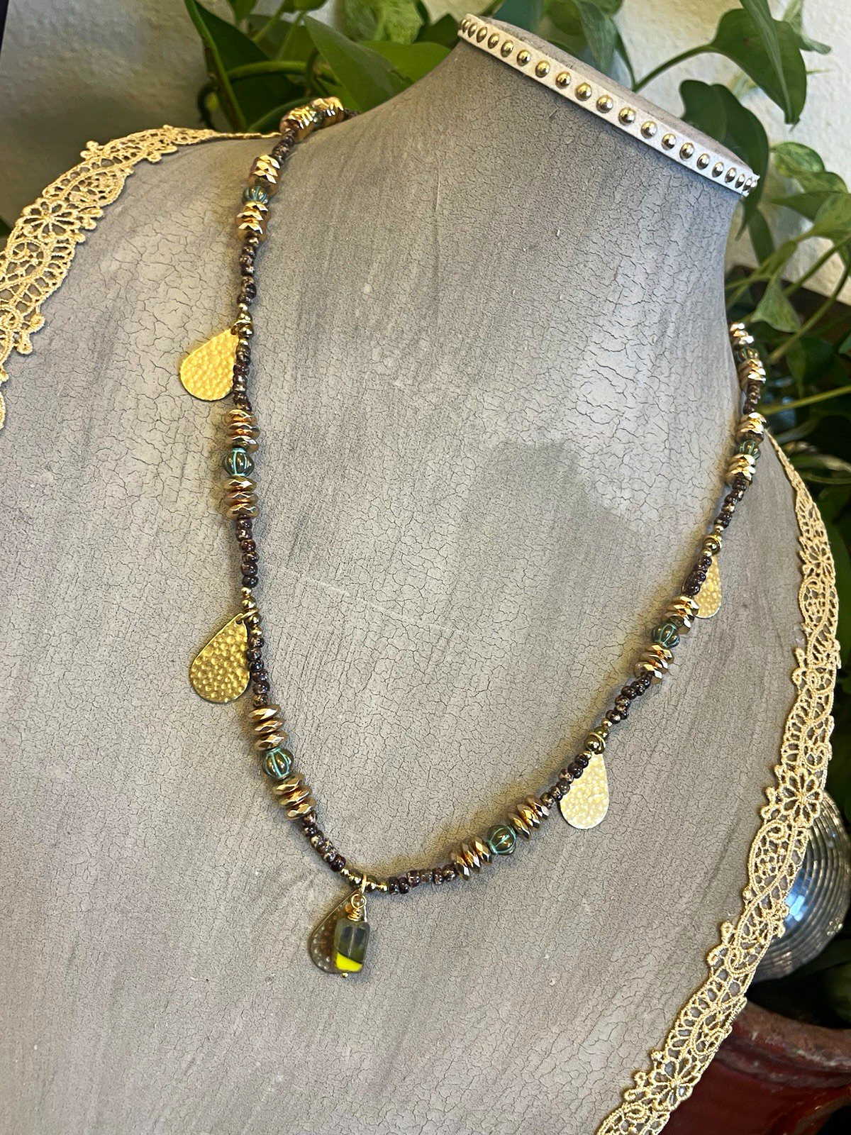 Green Glass Teardrop Charm Pendant Beaded Necklace w/ Brass & Czech Glass Beads