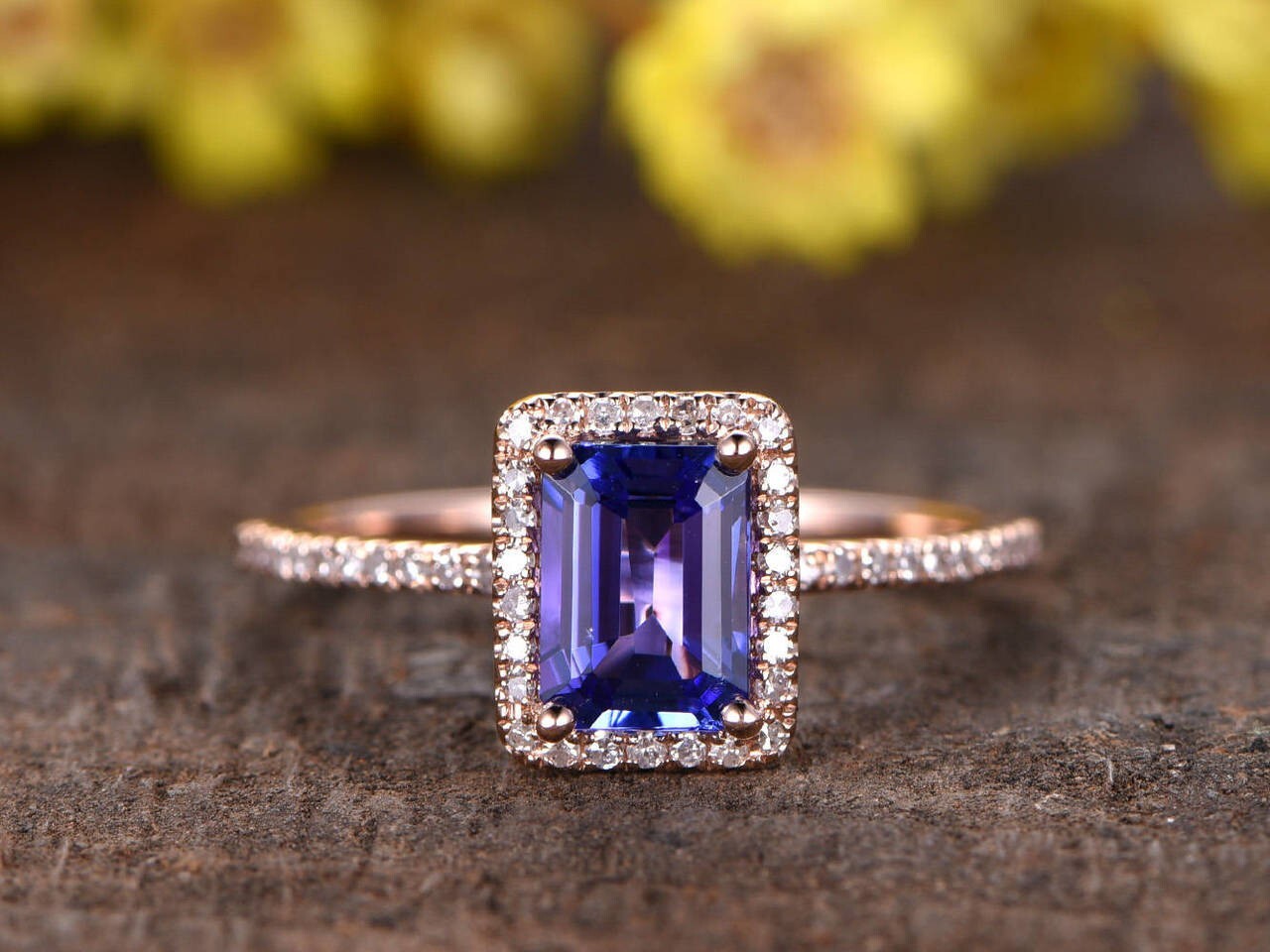 2.50 Ct Emerald Cut Blue Tanzanite Halo Engagement Ring 14K Rose Gold Plated