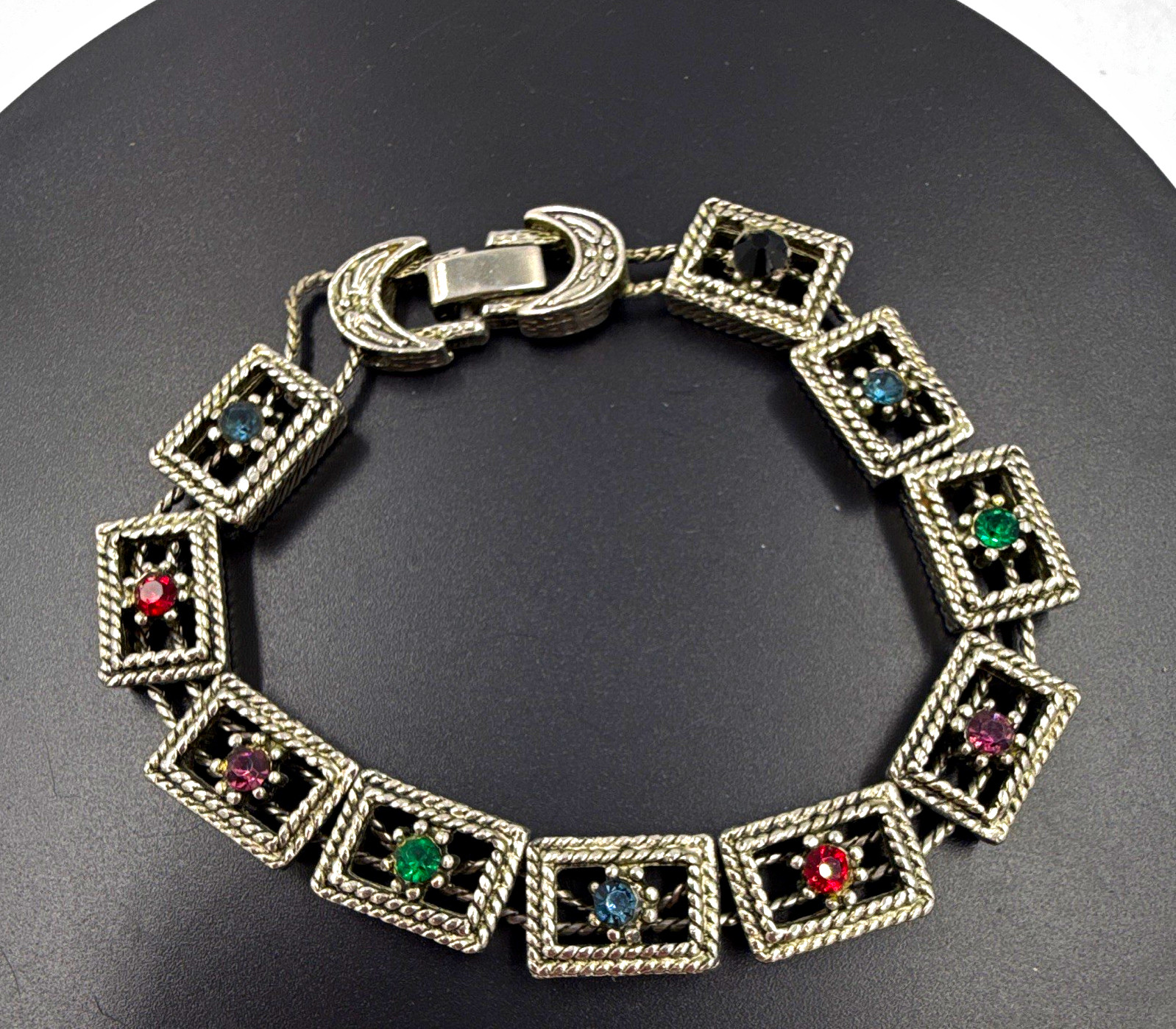 Silver Tone Multicolor Round Crystal Link Rope Chain Bracelet Box Clasp