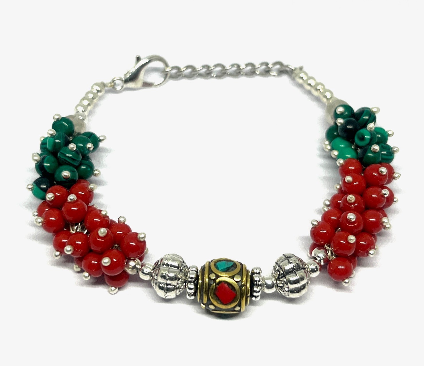 Ethnic Red Coral Malachite Gemstone Nepalese Bracelet Jewelry, 7.0 Inch Adj
