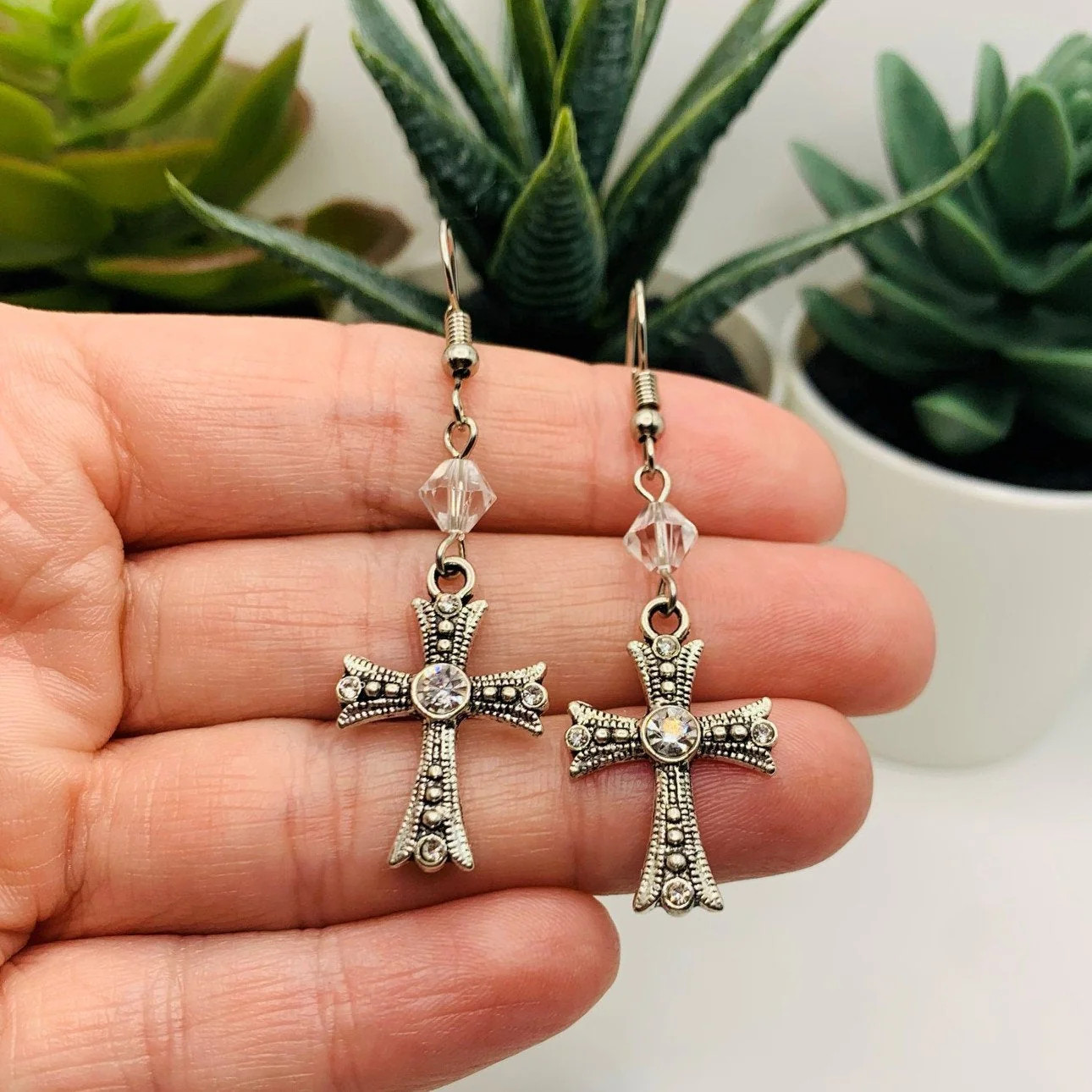 Diamond Rhinestone Gothic Cross Earrings – US Seller