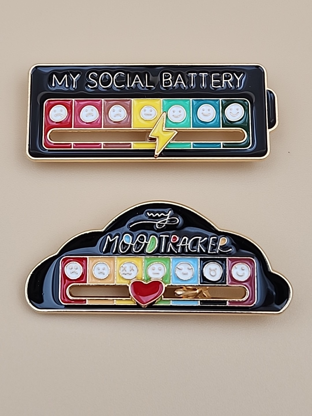 2 pack Interactive My Social Battery Emoji/My Moodtracker Emoji Enamel Pin NEW