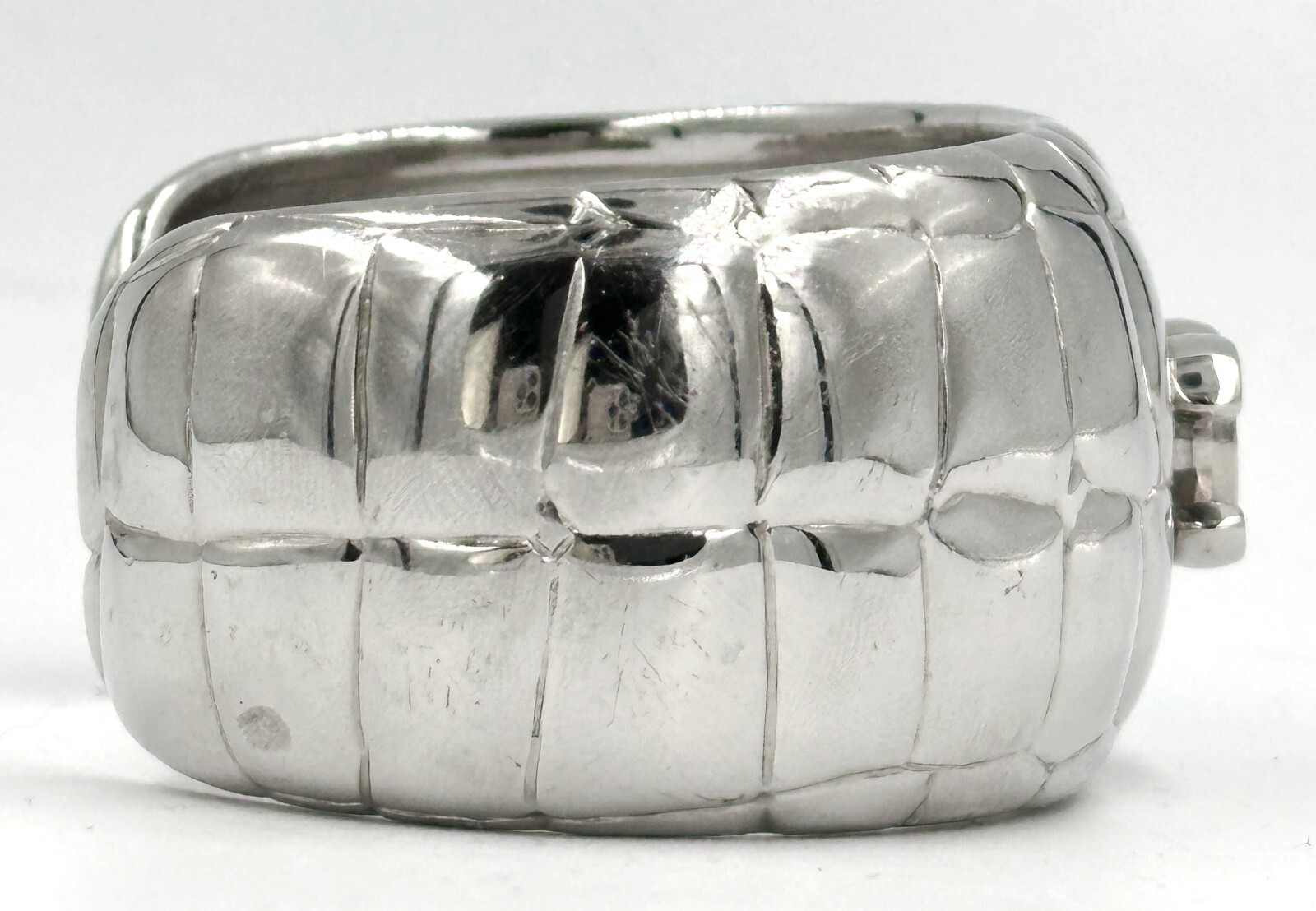 CHANEL Palladium Plated Metal Crocodile Embossed CC Cuff Bracelet Silver 2007