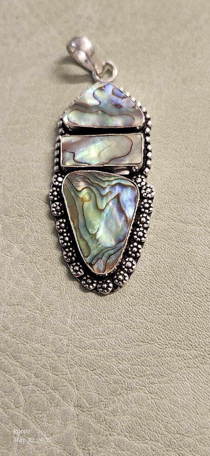 925 Plated Silver Abalone Shell Inlay Bezel Charm Pendant Signed Multicolor