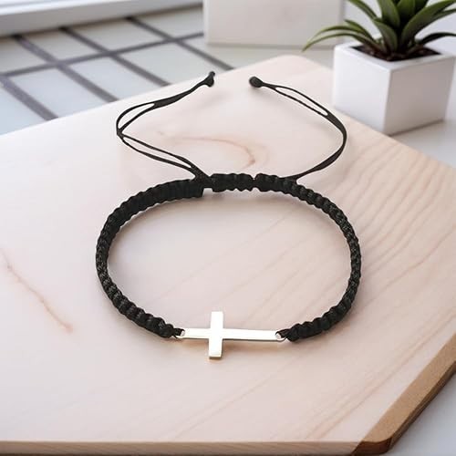 Christian Cross Bracelet Black String Adjustable Handmade Faith Jewelry Gift