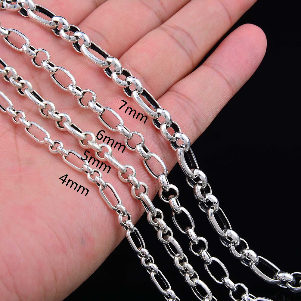 Real 925 Sterling Silver 4mm 5mm 6mm 7mm Rolo With Oval Link Necklace 17.7-33.4″