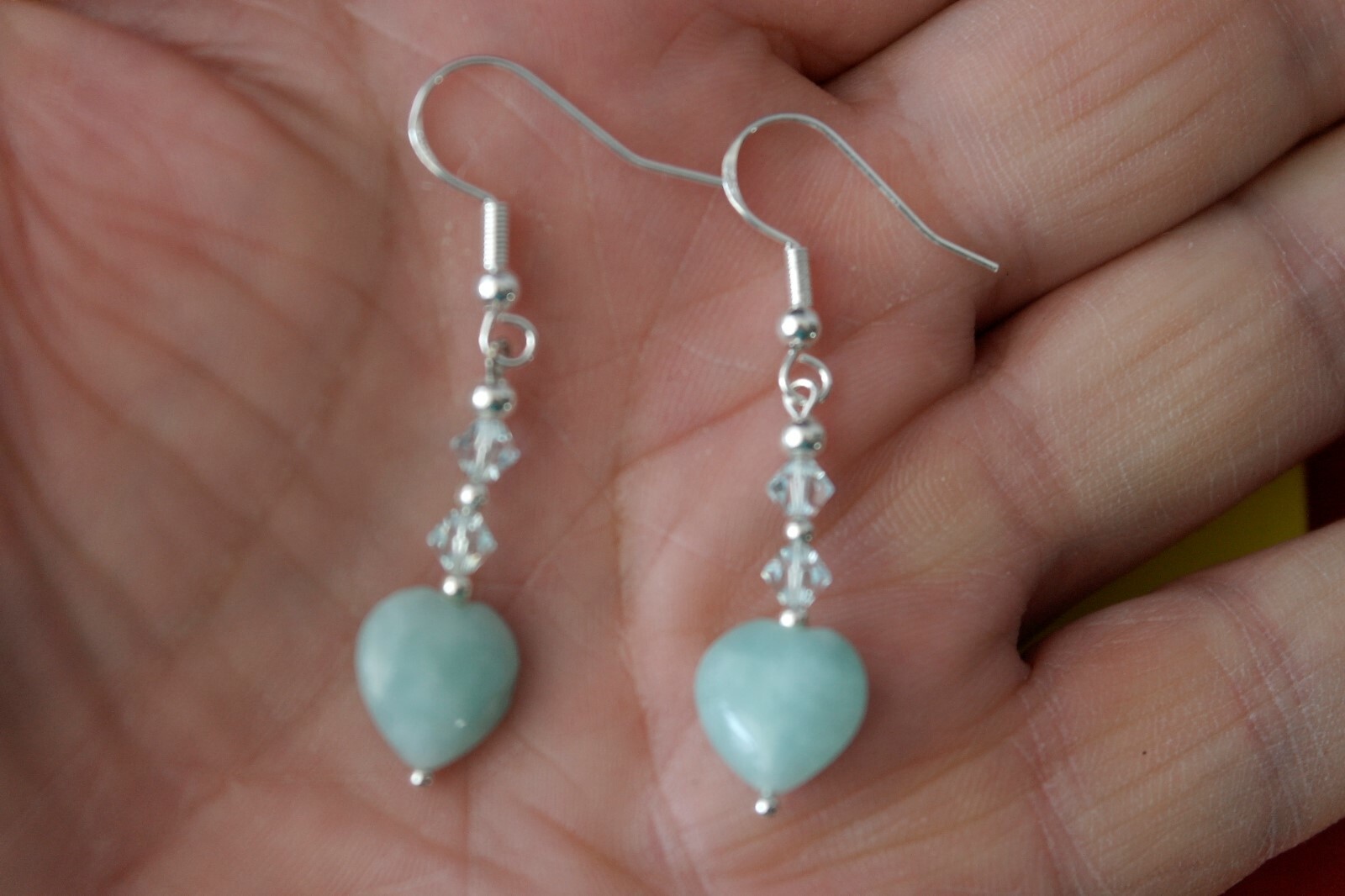 BEAUTIFUL EARRINGS WITH HEART OPALINE & CRYSTAL 3 CM LONG + HOOK