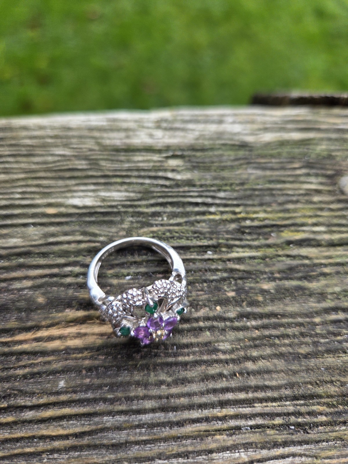 Sterling Silver Flower Ring 925 Size 5 Emerald Ruby Cubic Zirconia Art Deco Styl