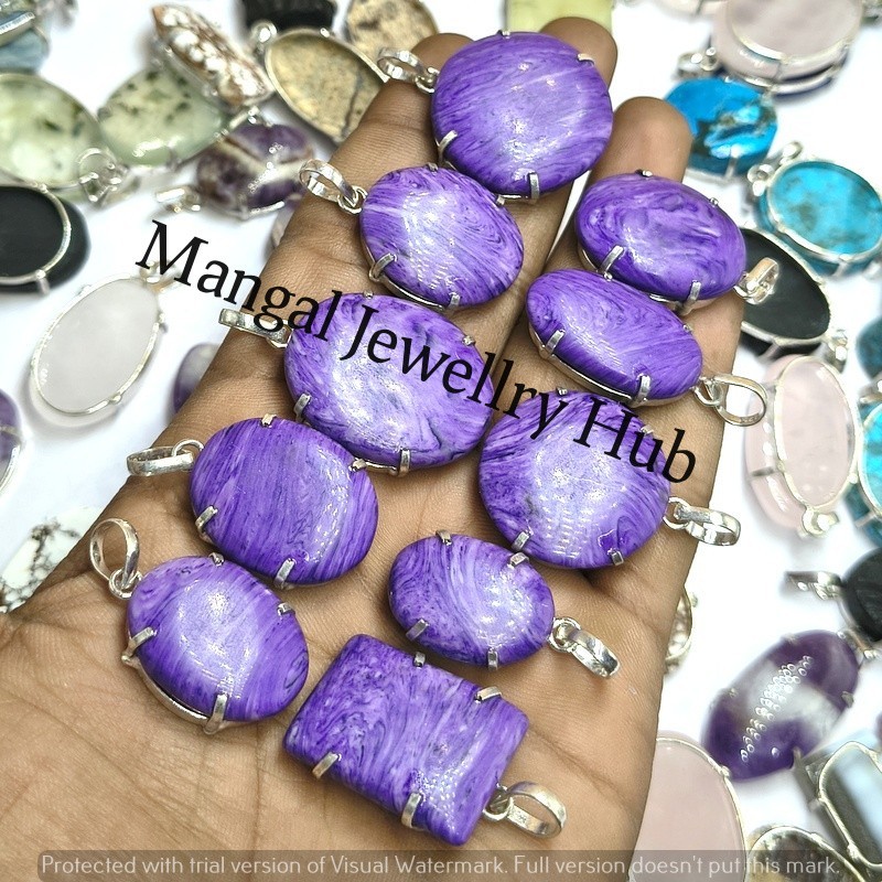 Trendy Charoite Gemstone Prong Pendants 925 Sterling Silver Plated Lot Jewellery