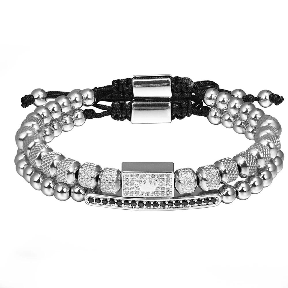 2pcs Luxury Crown Bracelet Set for Men Adjustable Beaded Fashion Jewelry Gift