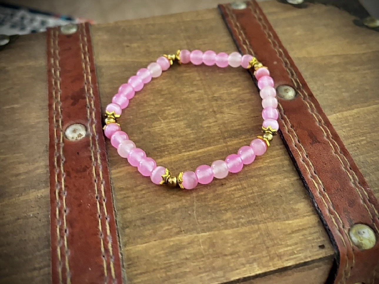 Pink Round Beaded Stretch Bracelet w/ Gold-Tone Spacer Beads, No Clasp
