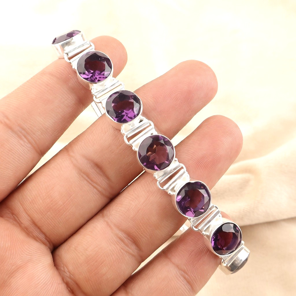 African Amethyst Gemstone 925 Sterling Silver Handmade Jewelry Bracelet 8″