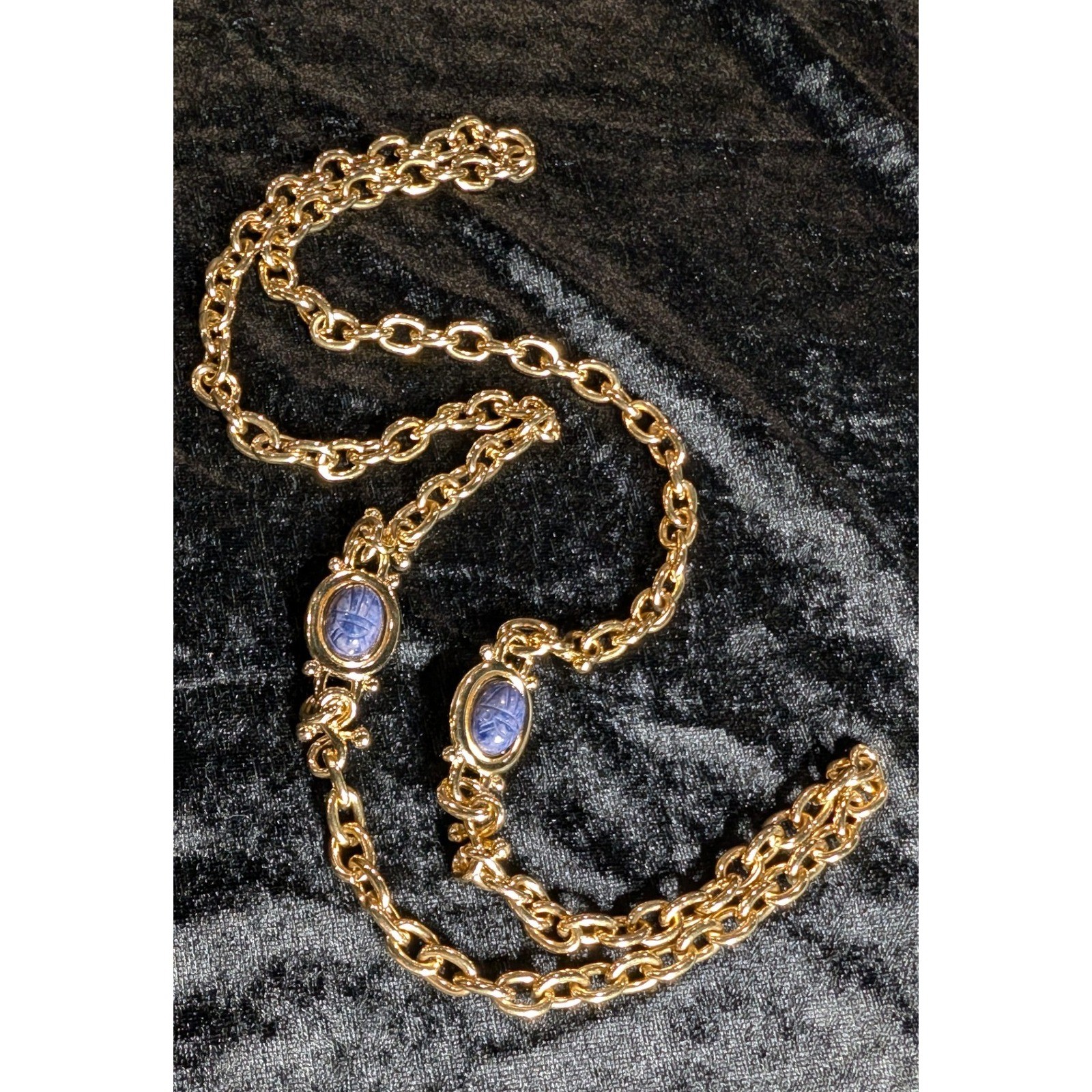 Vintage Gold Tone Reversible Scarab Beetle Long Chain Necklace Blue Red 34 Inch