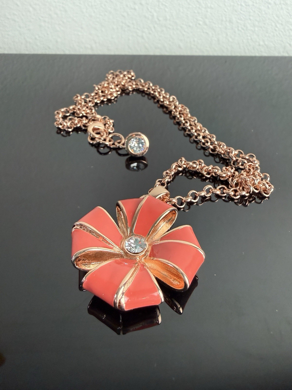 Ted Baker Renie Rosette Necklace Coral Pink Enamel Flower Pendant Rose Gold Tone