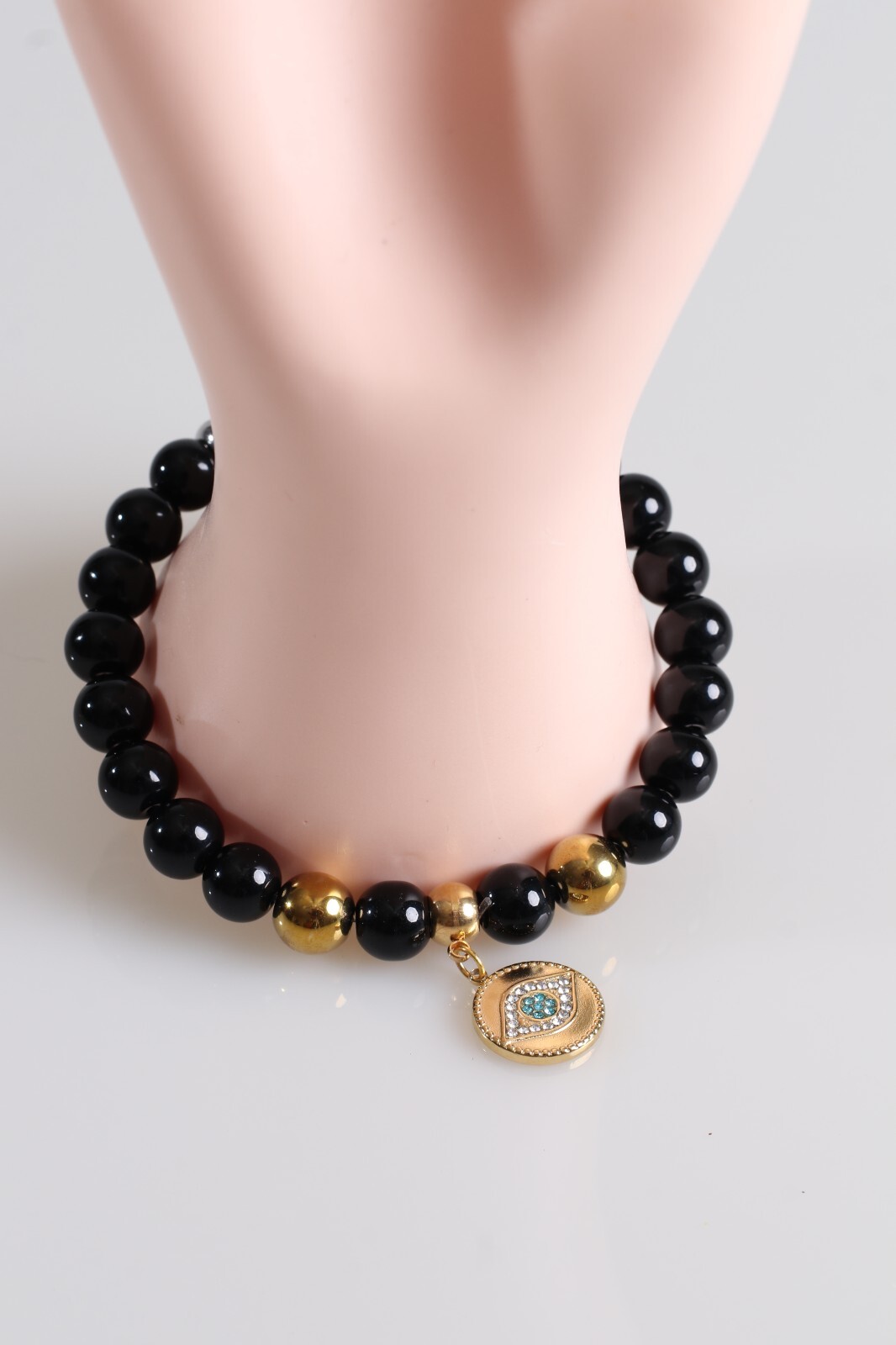 Pulsera Casual Para Hombres cuentas Agata De Onix Y Hermatita Medalla Ojo Suerte