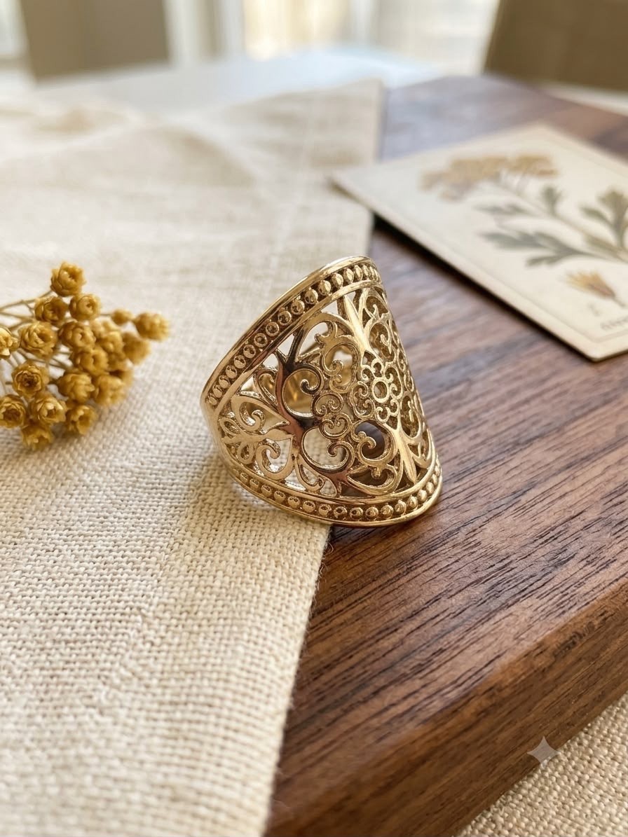 Gold Tone Filigree Oval Cocktail Statement Ring Size 10 Stainless Steel