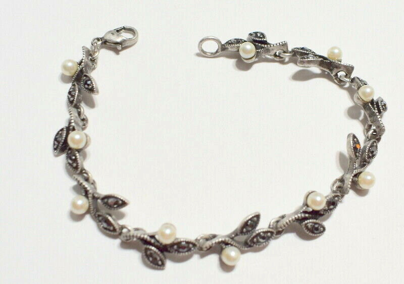 Bracelet Link Metal Pearl Black Faceted Stones Leaves Lobster Hook