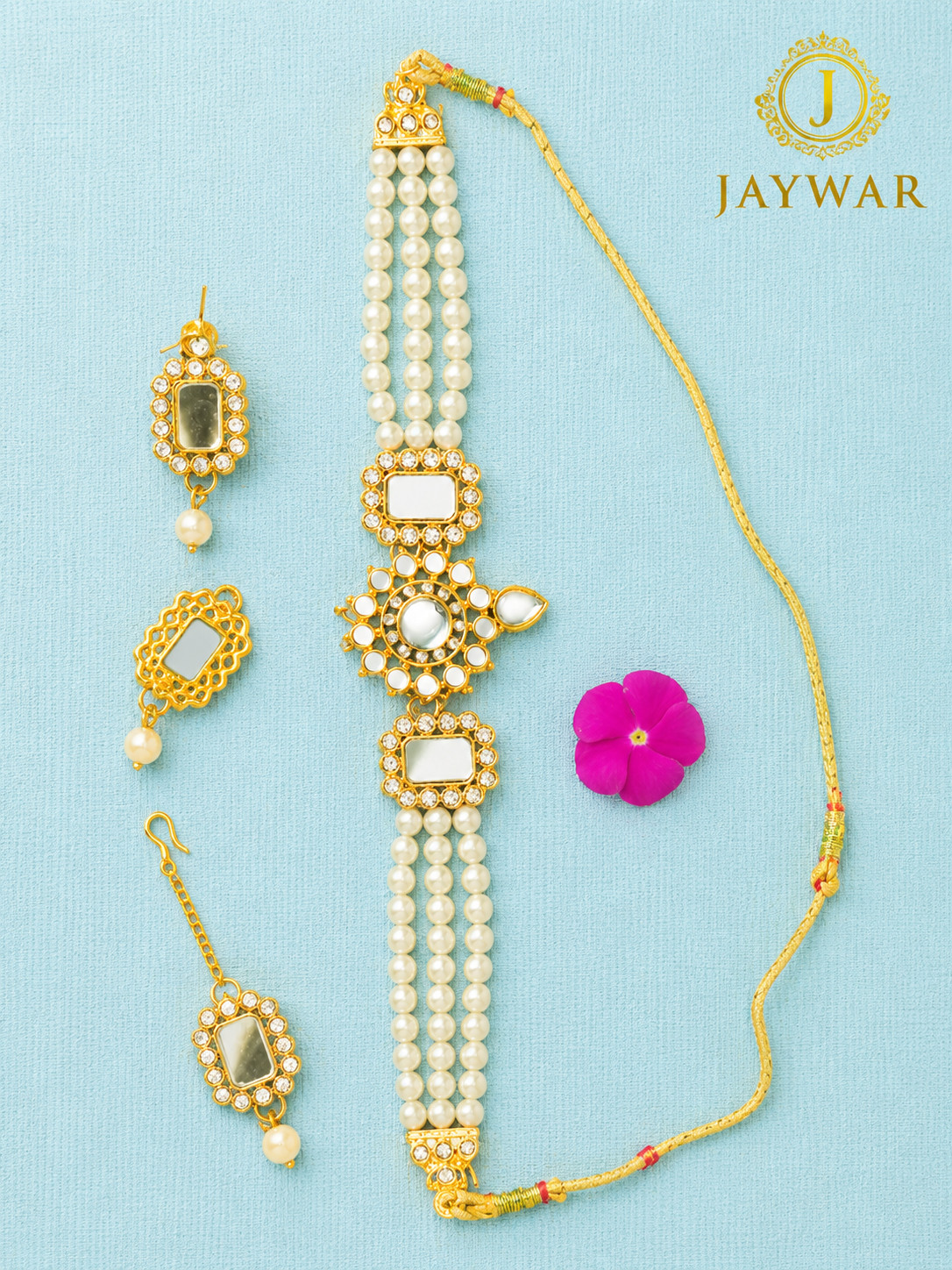 JAYWAR Pearl Mirror Kundan Bracelet Set Earrings Maang Tikka Bridal Jewelry
