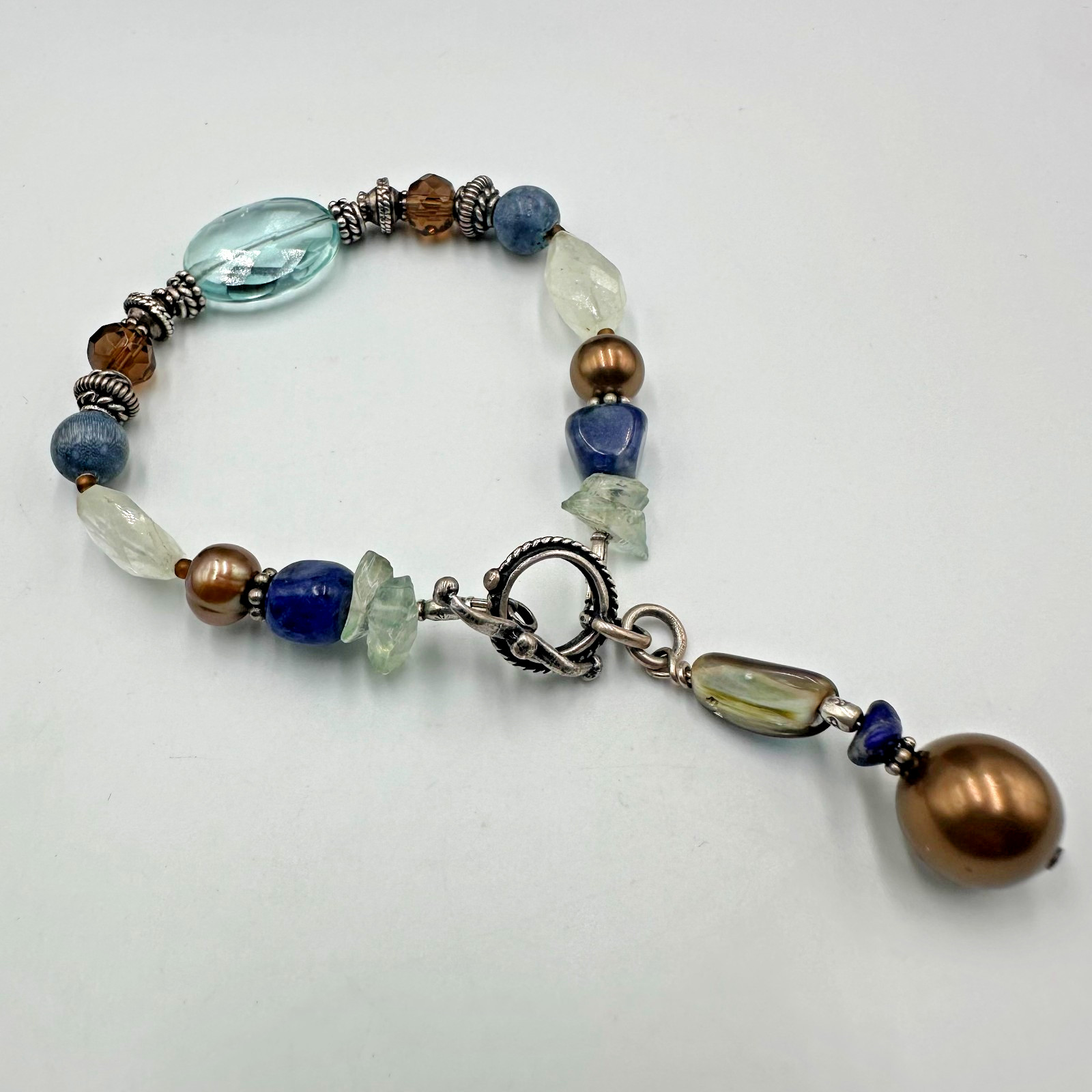 Artisan Beaded Bracelet Blue Brown Glass Beads Sterling Silver Toggle 7″