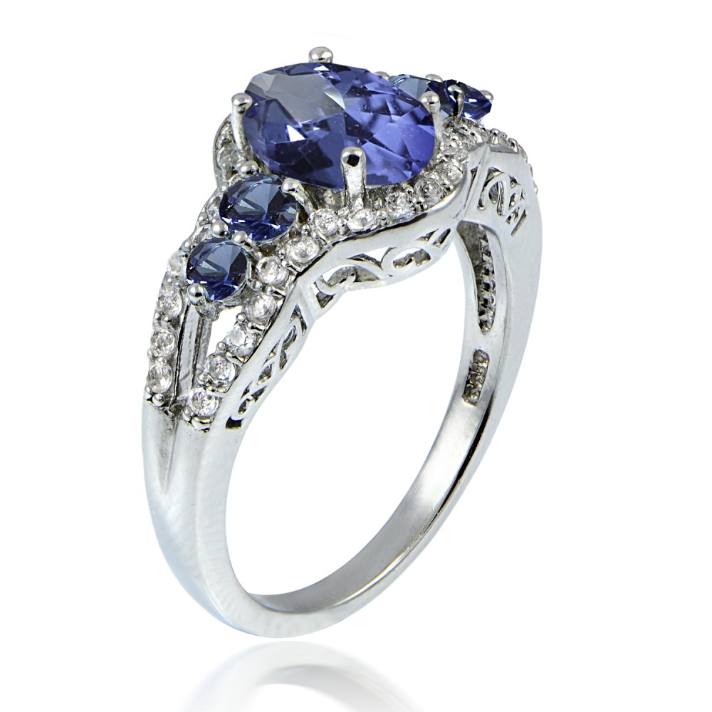 Simulated Tanzanite and Cubic Zirconia Oval Halo Five Stone Ring
