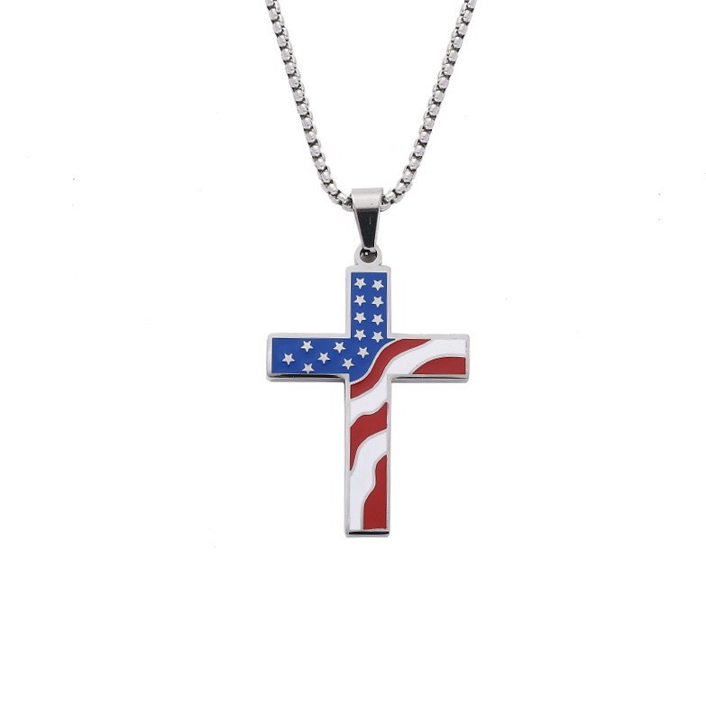 Stainless Steel Religious Christmas Enamel American Flag Cross Pendant Necklace