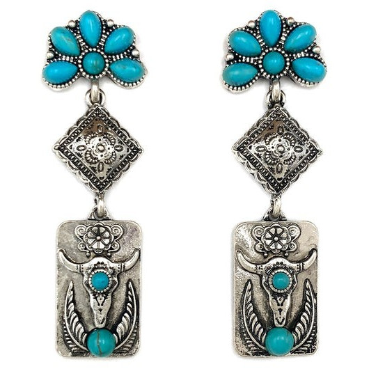 Silver Tone Turquoise Western Rectangle Dangle/Drop Earrings Round Stone