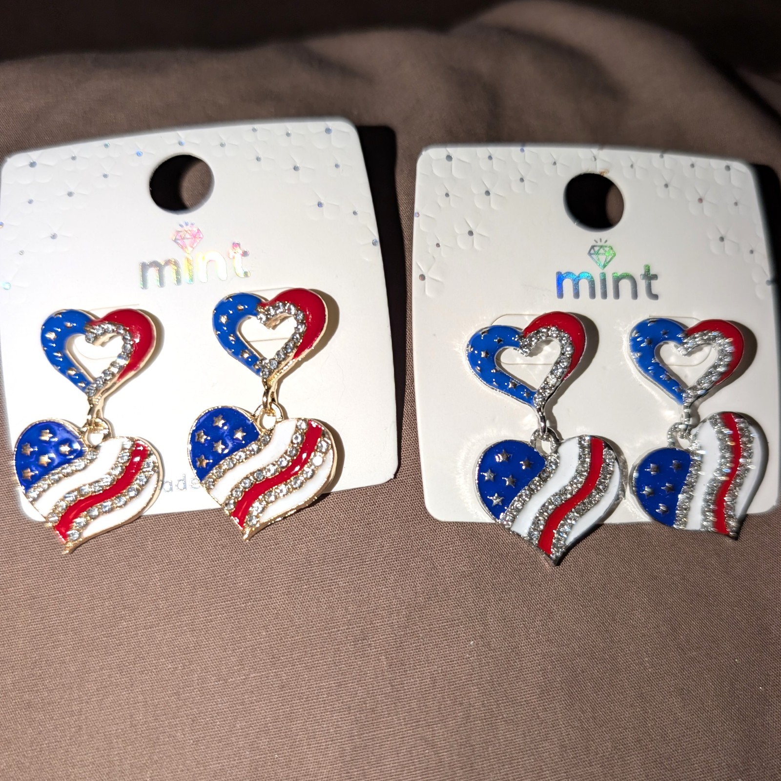 Patriotic USA Flag Heart Dangle Earrings Rhinestone Red White Blue 4th of July