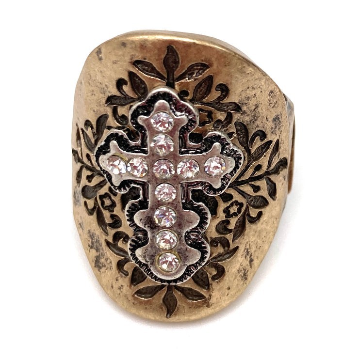 Gold Tone Cross Crystal Cocktail Ring Adjustable Religious Metal