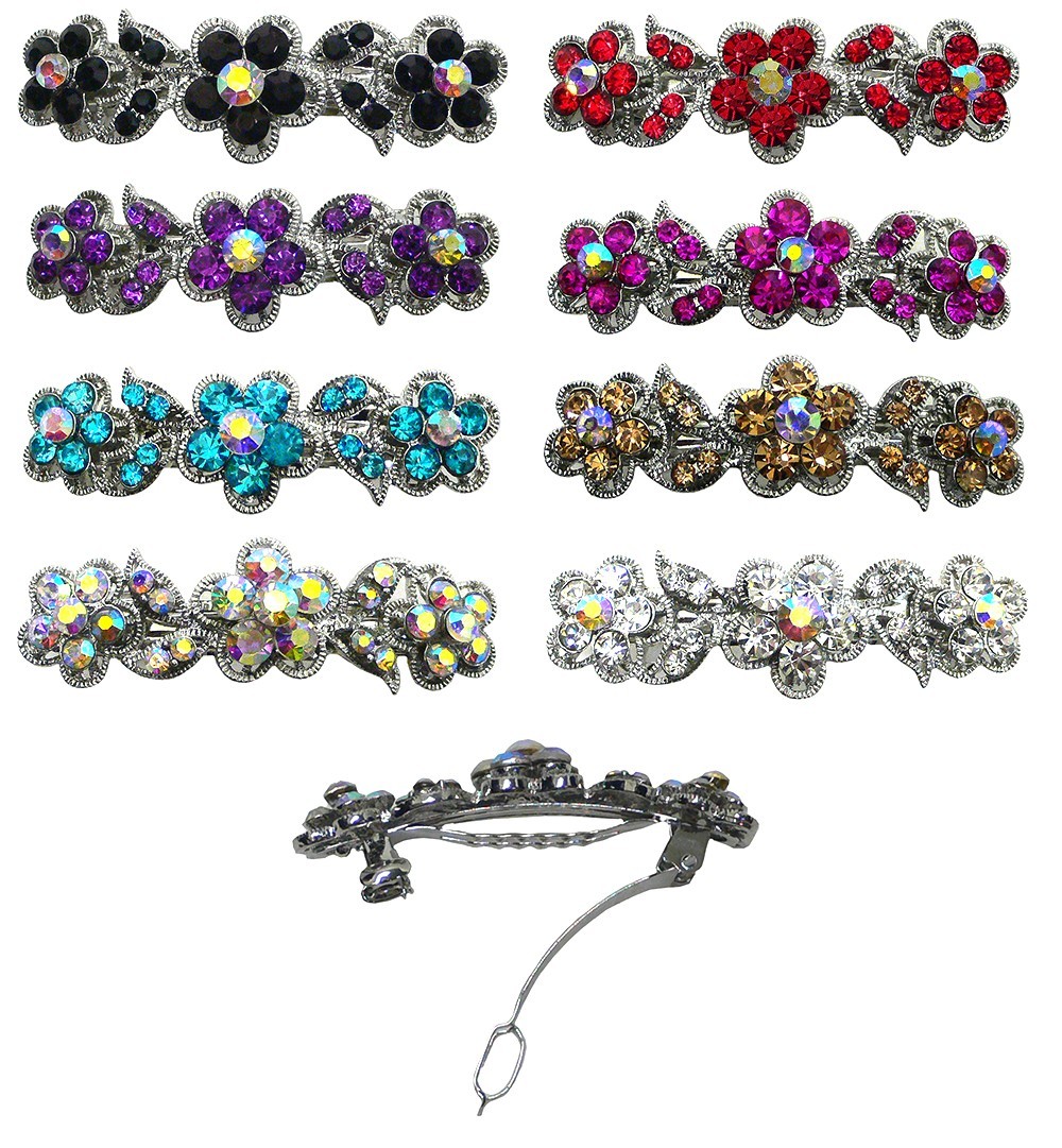 Bella Flower Barrette Hair Clip w. French Clasp and Sparkling Stones U86250-1338