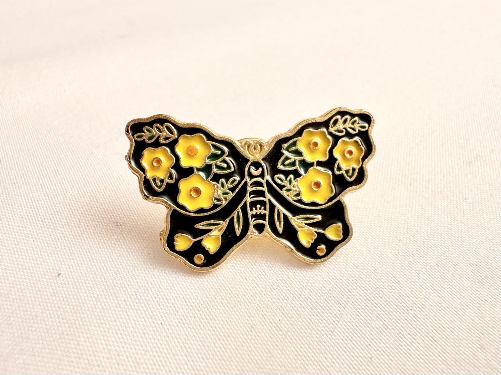 Black and Yellow Flower Winged Butterfly Enamel Pin