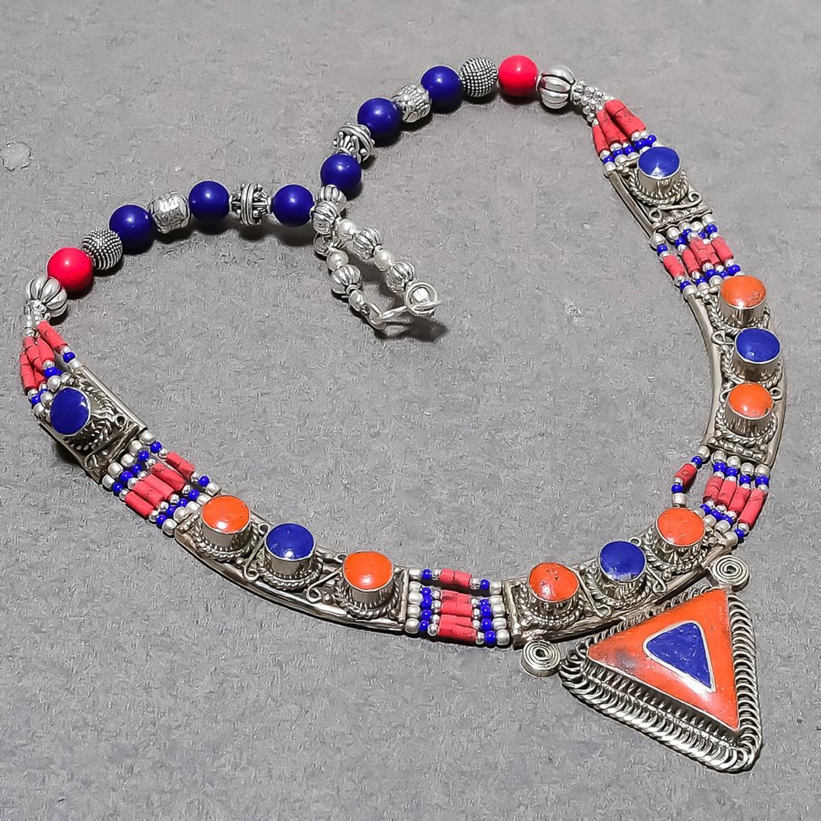 Lapis Lazuli Red Coral Handmade Ethnic Baho Nepali Jewelry Necklace 18″ SR 6949