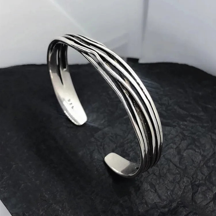 Retro Wave Bracelet 925 Sterling Silver Braided Bangle Geometric Opening Cuff