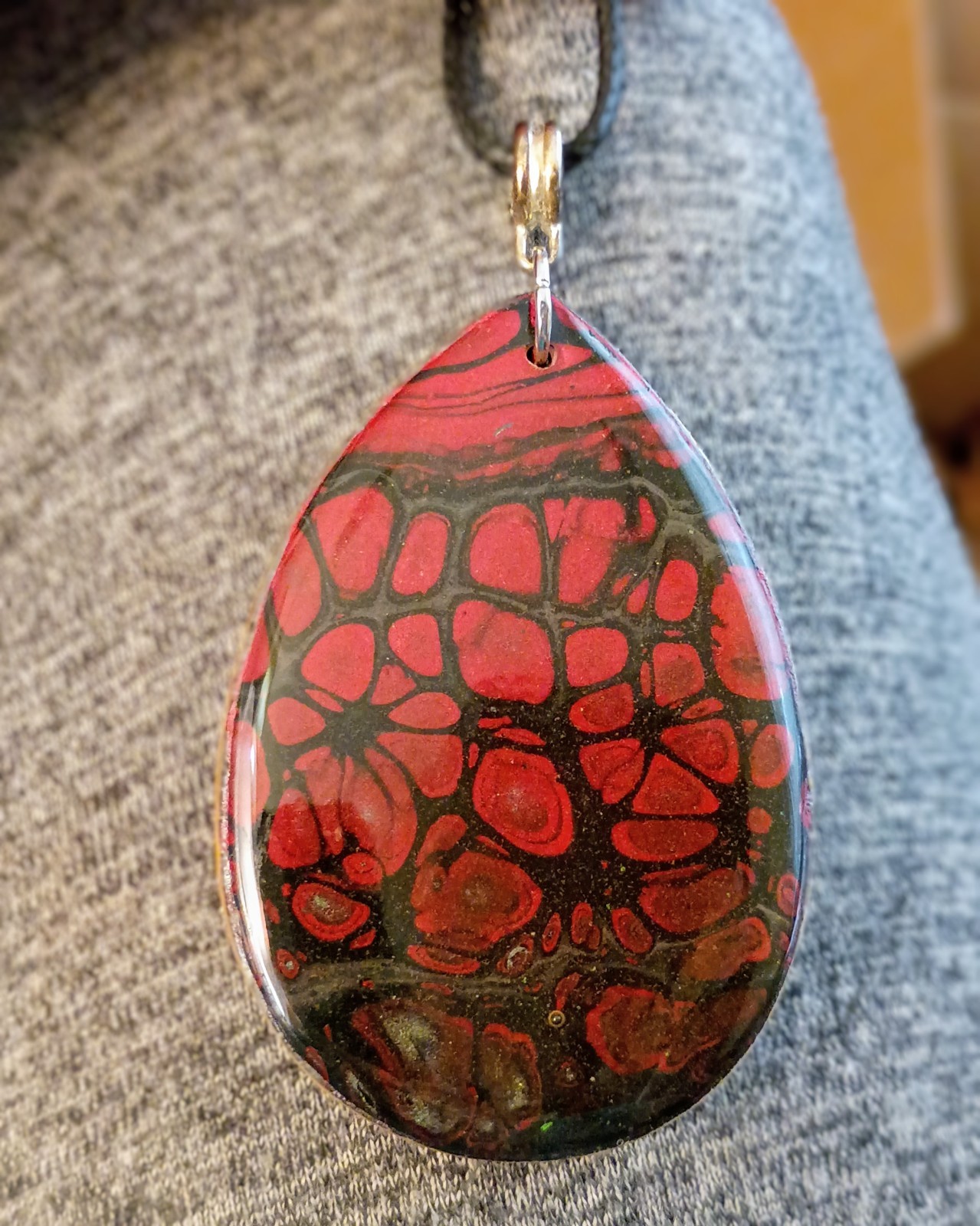 Hand Painted Necklace On Wood w/ Silver Toned Fitting & Black Cord Lightweight