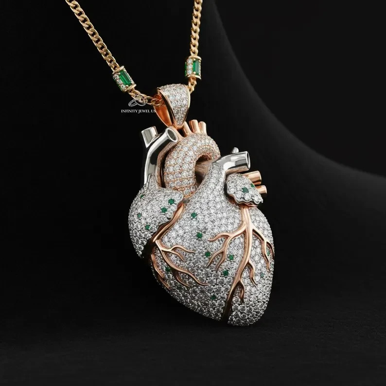 14K Yellow Gold Over Hip Hop Heart Pendant 2.50 Ct Round Cut Simulated Diamond