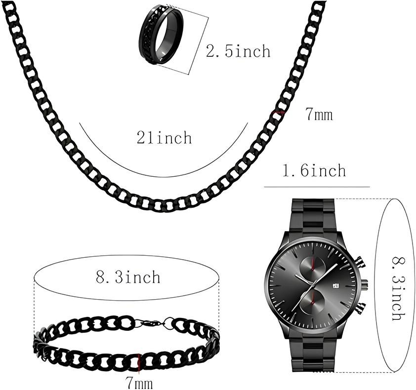 4 Piece Men’s Jewelry Set Watch, Necklace, Ring, Bracelet