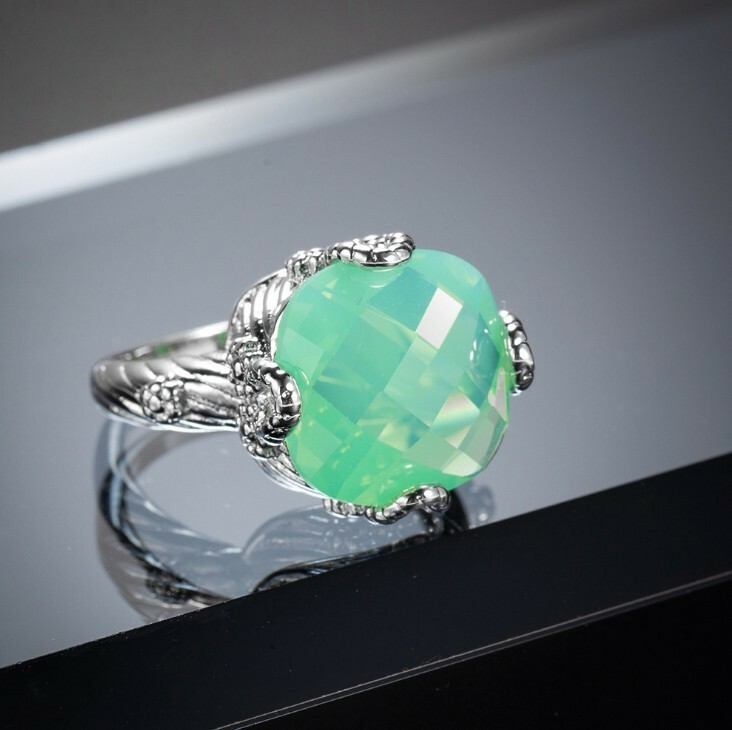 Special Fire Square Green Moonstone Gems Silver Rings Size 6~10 Holiday Gifts