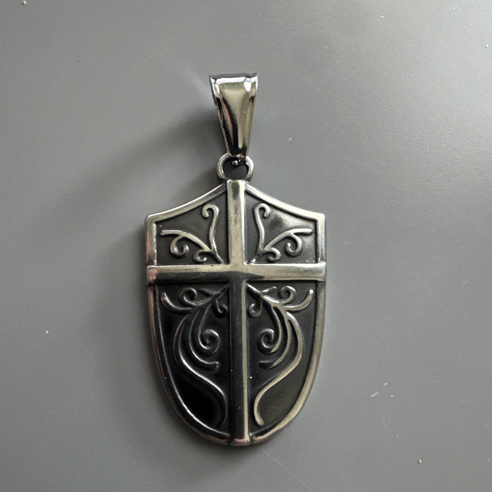 Cross Shield Viking Stainless Steel Pendant 24 Inch Box Chain Religious Faith