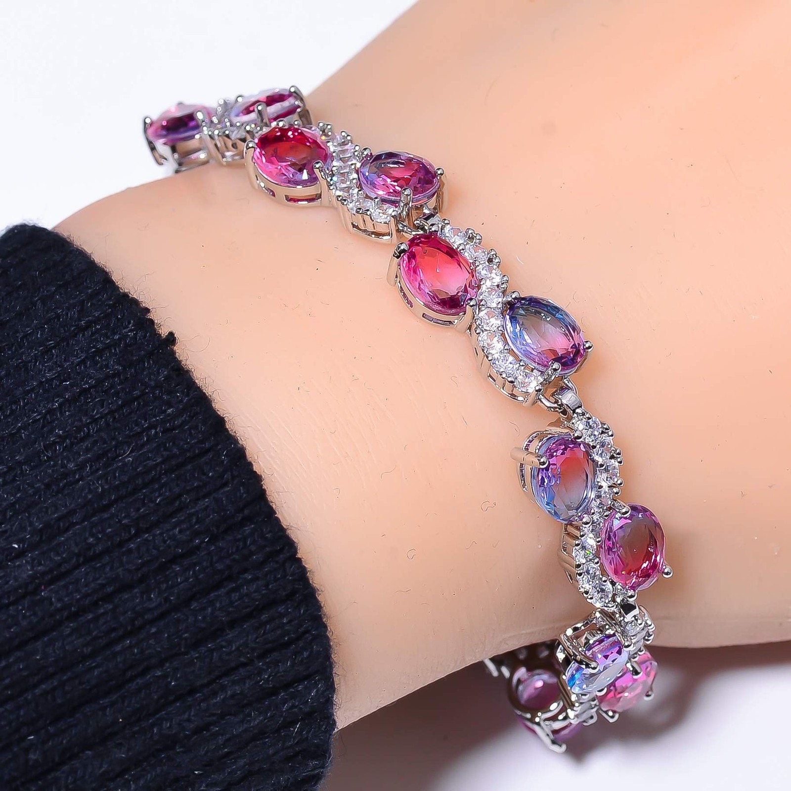 Bi-Colour Tourmaline 925 Sterling Silver Tennis Bracelet 7.99″ B70630, Christmas