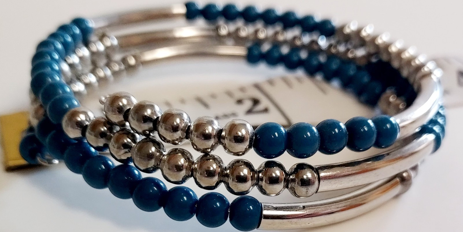 Blue and Silver Beaded Wrap Bracelet Adjustable Wire Spiral, Less Than 8 in