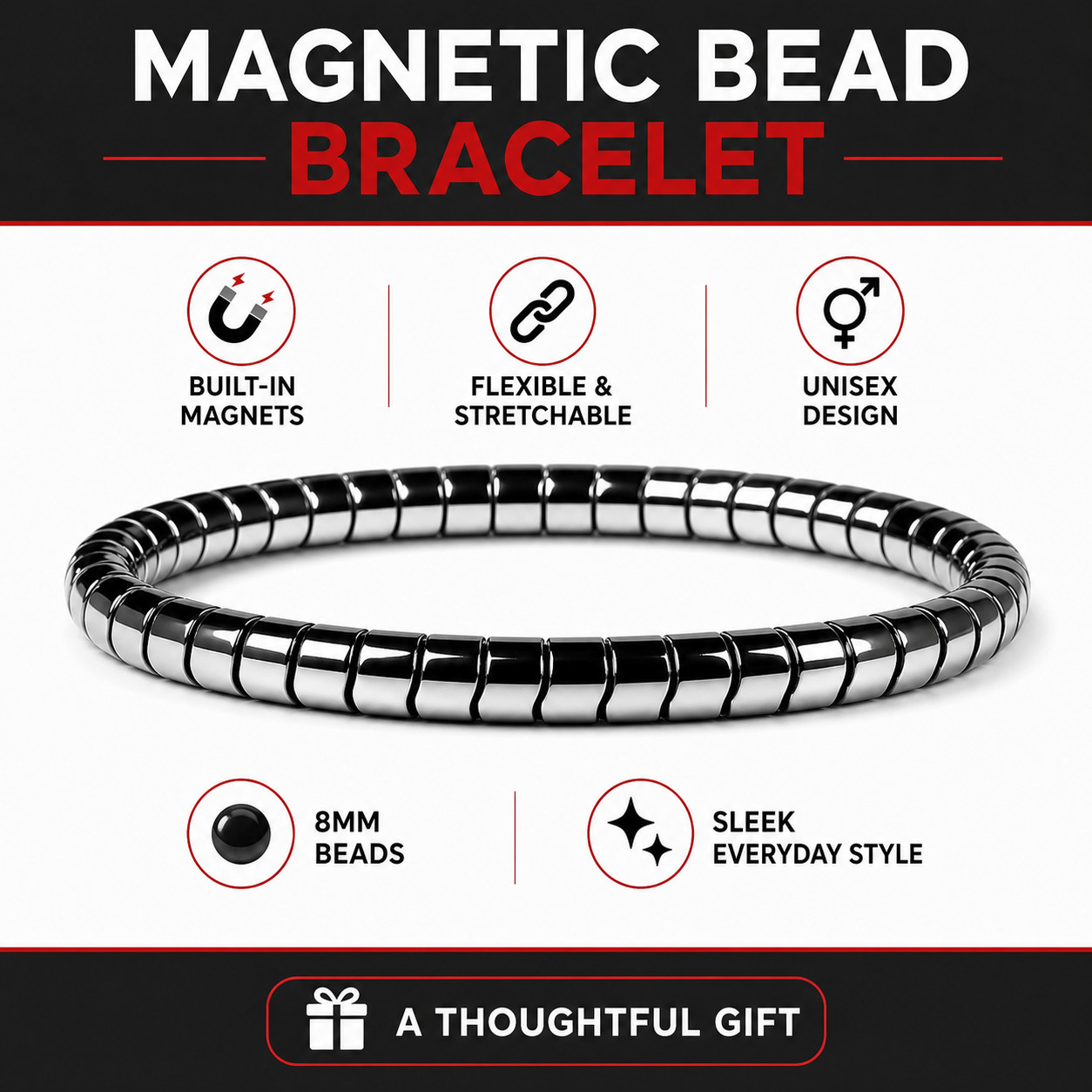 Magnetic Therapy Hematite Bracelet 8mm Beads for Men and Women 2Pack