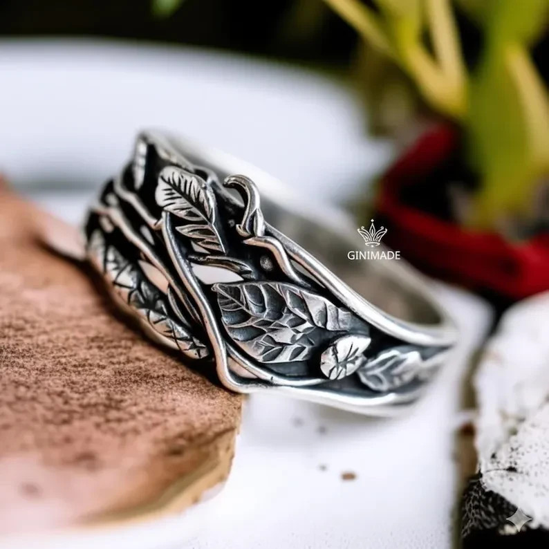 Handmade Leaf Vine Ring Botanical Nature Stainless Steel