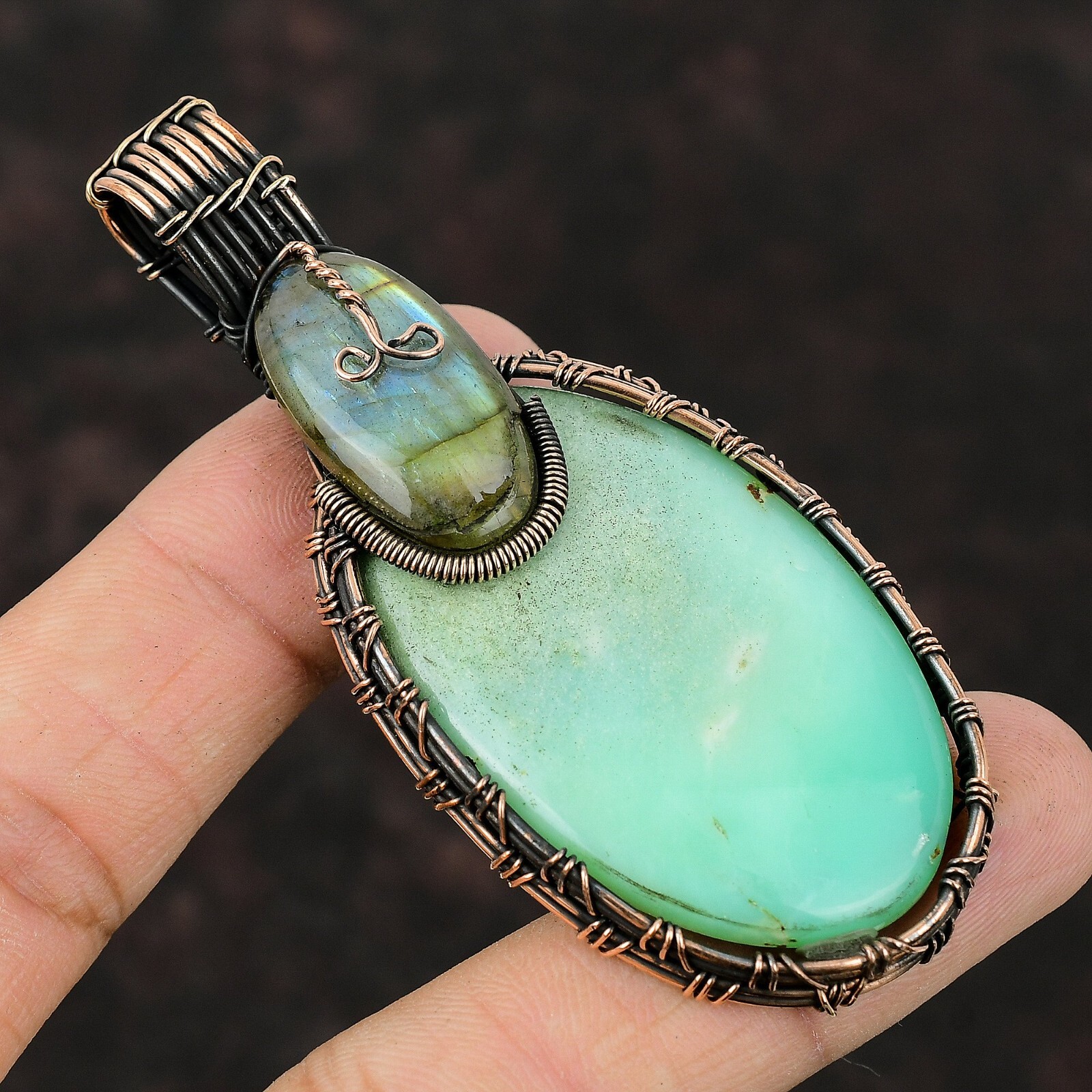Gift For Her Copper Chrysoprase Gemstone Jewelry Wire Wrapped Pendant 3.19″