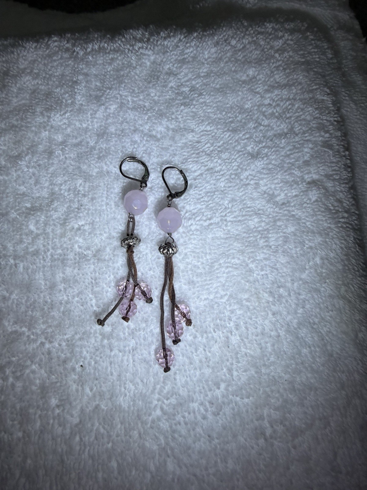Pink Round Glass Bead Dangle/Drop Leverback Earrings Silver Tone Metal
